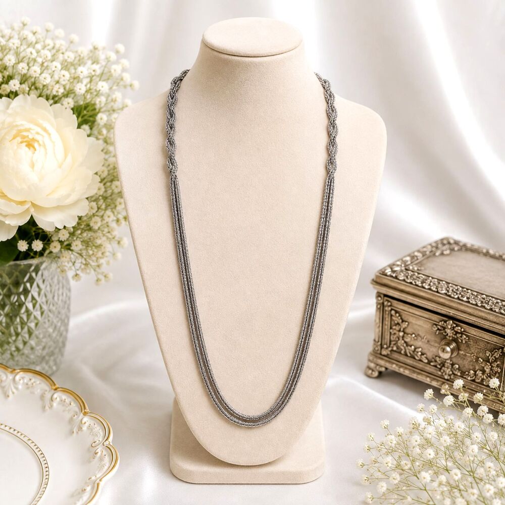 Long Silver Tone Double Chain Necklace Braided Detailing 38" Statement